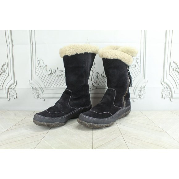 Clarks Black Suede Shearling Lined Side Zip Faux Fur Mid Calf Winter Boots 7 M - Picture 2 of 9